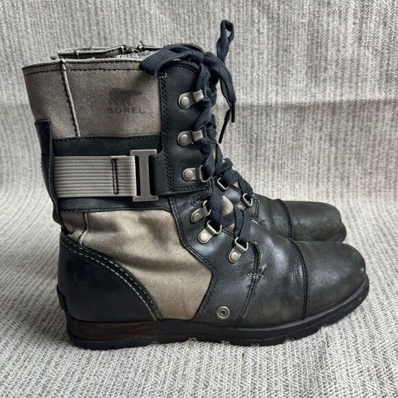 SOREL MAJOR CARLY Lace Up Leather Canvas Boot 8 Black Gray USED - Picture 5 of 12